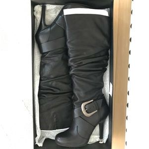 Tall black leather boots, brand new in box